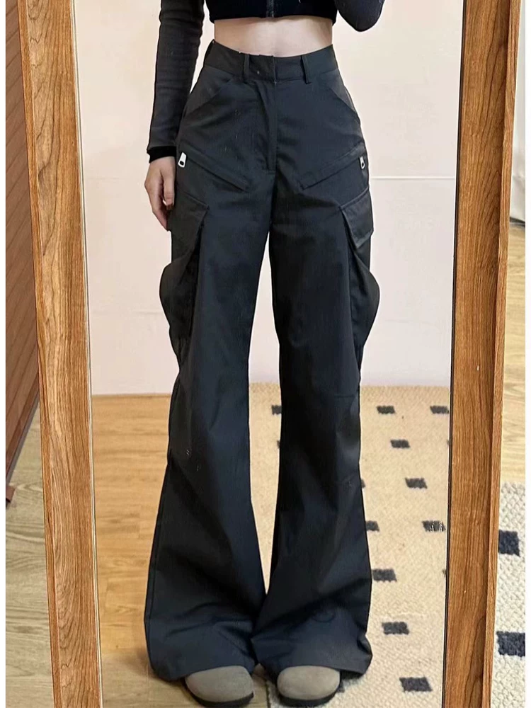 Quần cargo dáng thẳng kiểu Mỹ dành cho nữ, dáng quả lê, size lớn mùa xuân, cạp cao, che hông, tôn dáng, quần ống rộng thường ngày