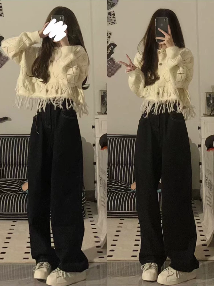 Quần jeans kaki ống đứng nữ, thu đông 2024, size lớn, cạp cao, dáng rộng, tôn dáng, dành cho người có dáng quả lê, quần ống rộng