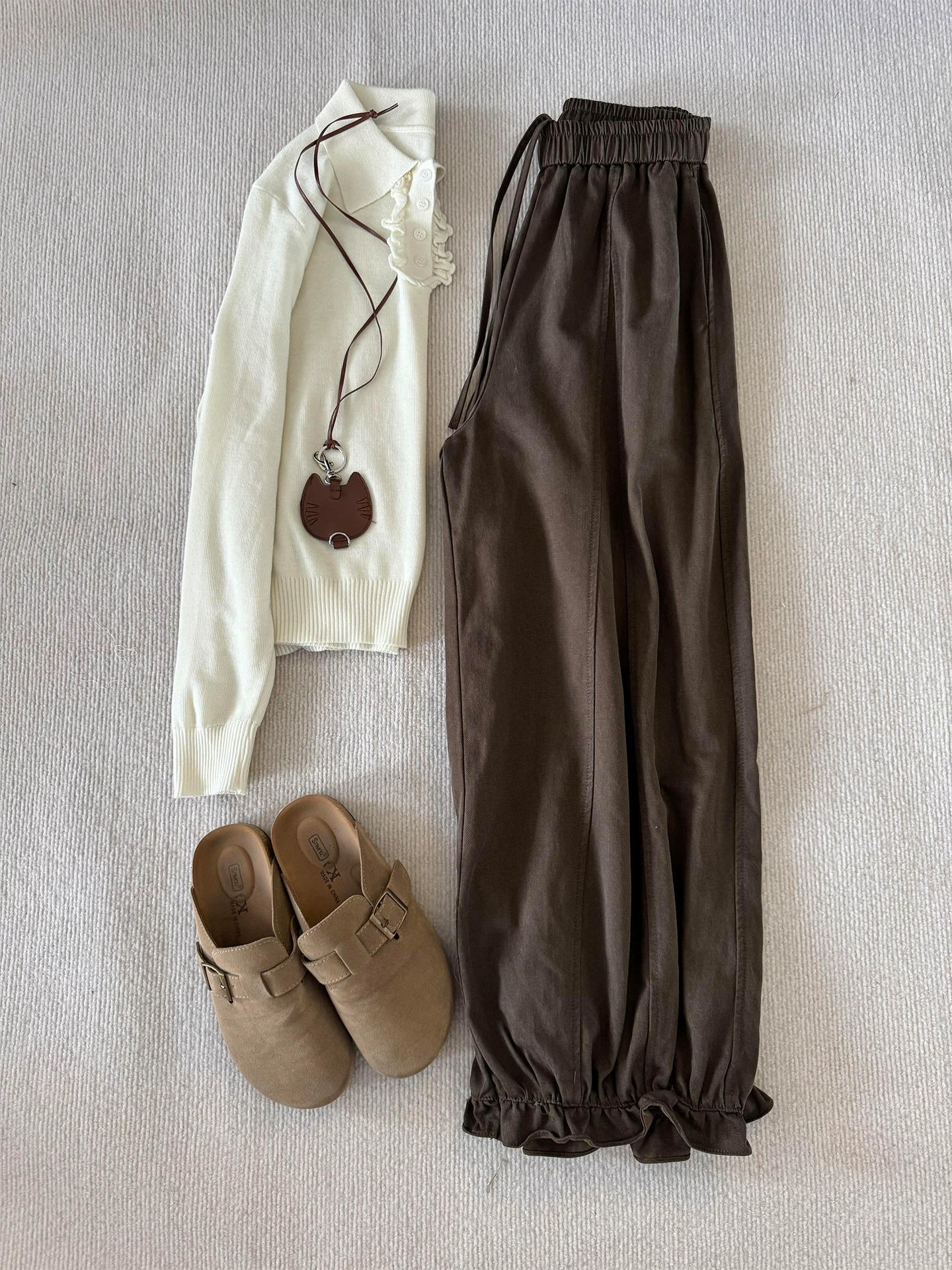 Quần ống rộng họa tiết hoa màu cà phê dành cho nữ, mùa thu, cỡ lớn, lưng cao, che hông, giảm béo, dáng quả lê, quần lửng.