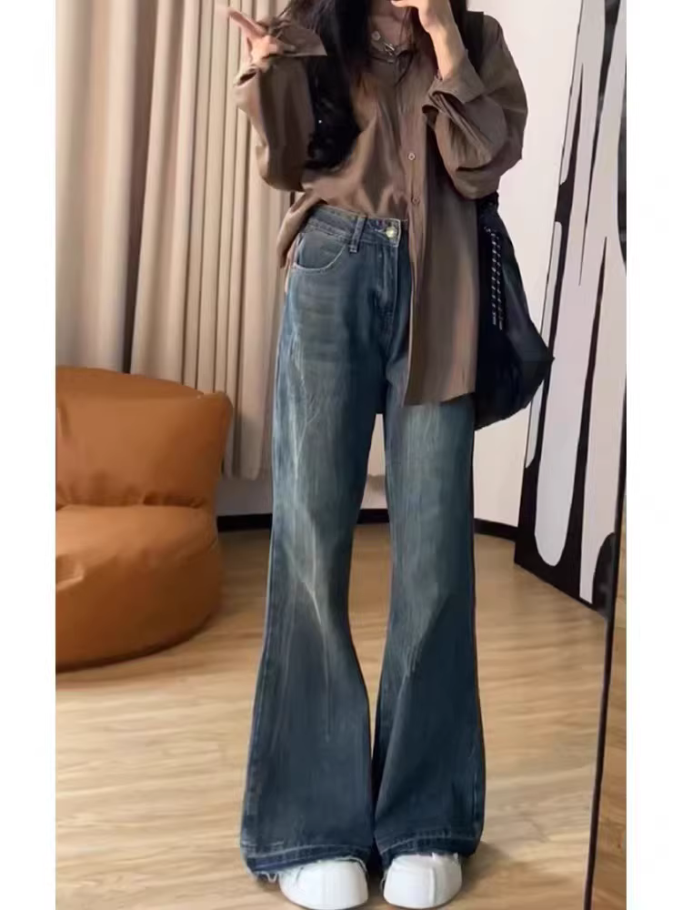Quần jeans loe nữ không bó sát chân, thu đông 2024, size lớn, cạp cao, che hông, tôn dáng, dành cho người có thân hình quả lê, quần ống chuông