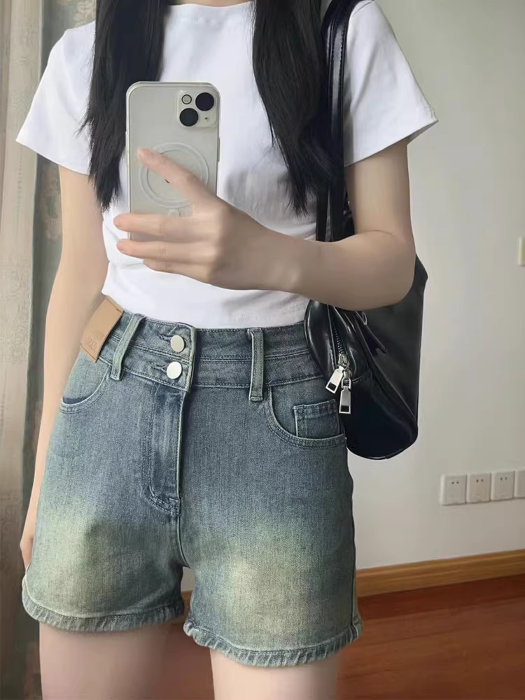 Quần short denim màu xanh cổ điển hình quả lê dành cho nữ, cỡ lớn mùa hè, lưng cao, co giãn, che hông, quần chữ A giảm béo