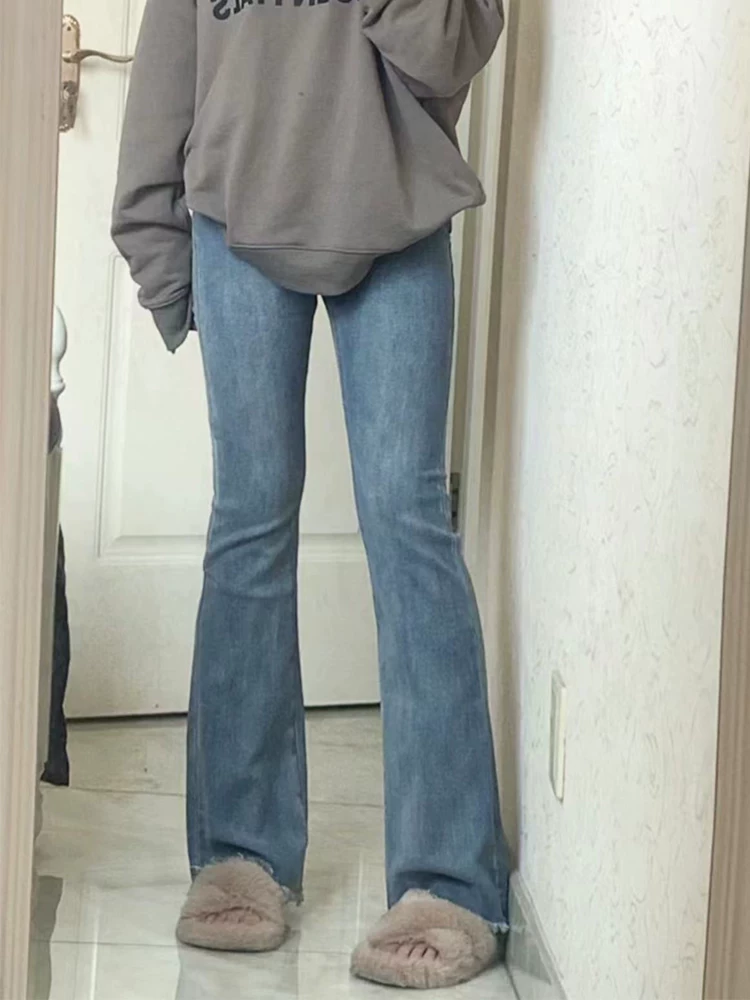 Quần jean ống đứng xẻ tà màu xanh lam đầu xuân dành cho nữ cỡ lớn, che hông, co giãn, giảm béo, quần ống loe cạp cao