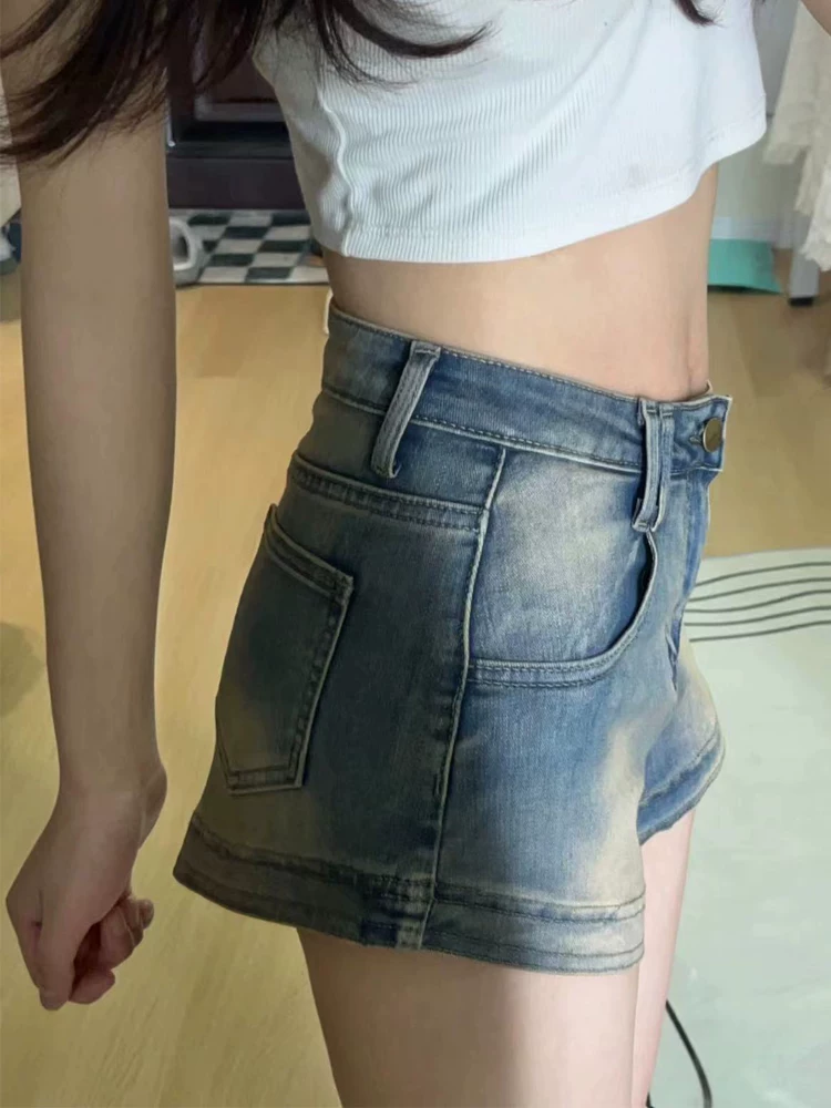 Quần short denim kiểu retro Mỹ dành cho nữ, kiểu dáng mỏng mùa hè, cỡ lớn, lưng cao, co giãn, che hông, quần chữ A tôn dáng.