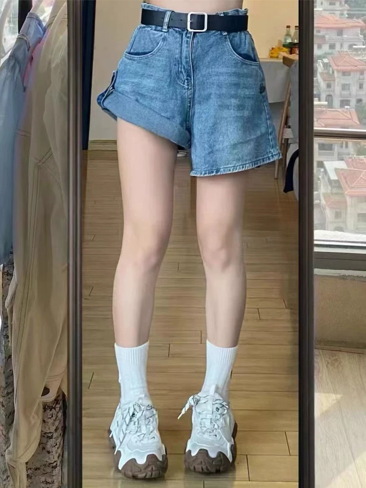 Thân hình quả lê, quần short denim viền cuốn dành cho nữ, cỡ lớn mùa hè, lưng cao, dáng rộng, che hông, giảm béo, quần ống rộng dáng chữ A
