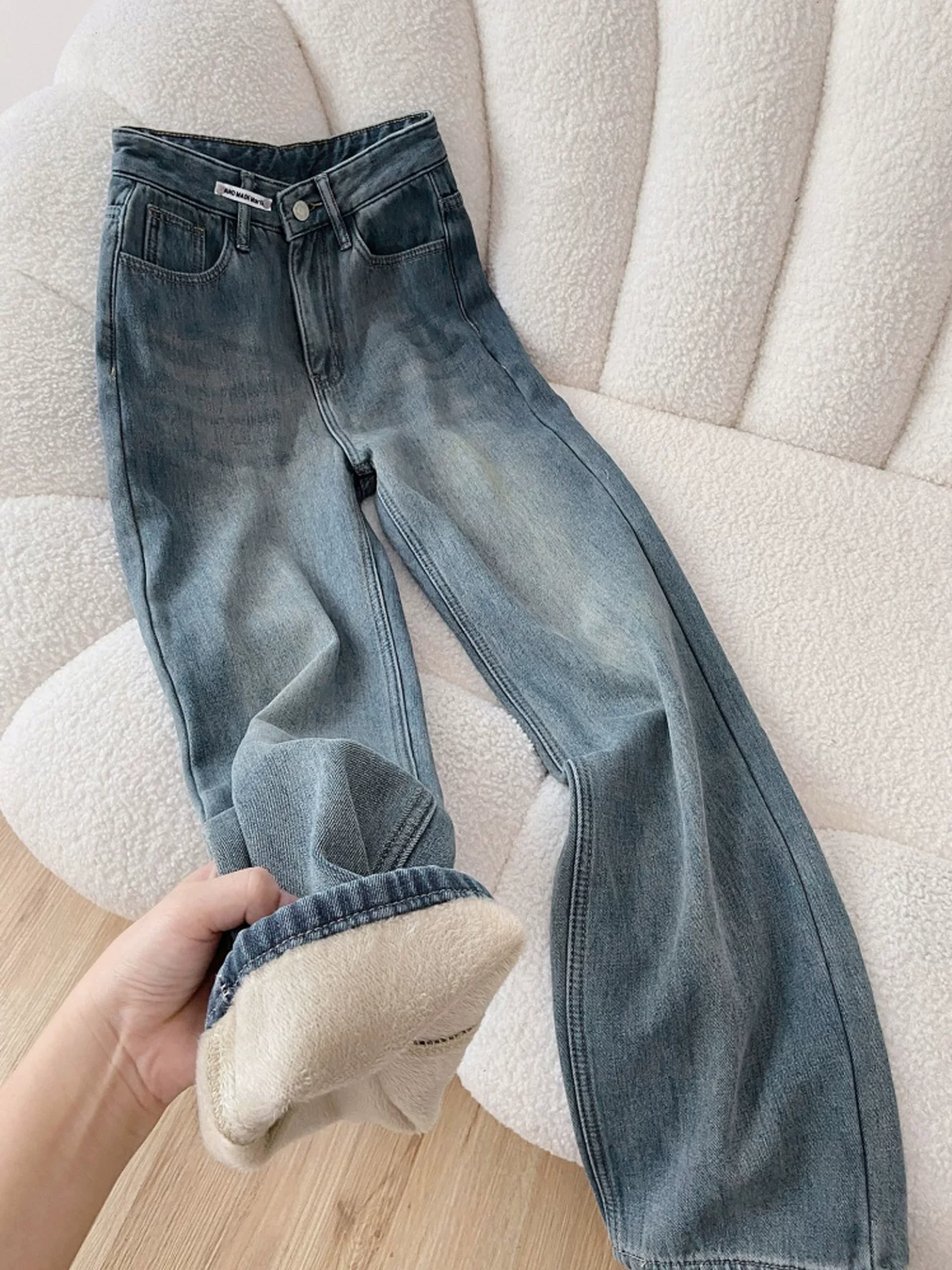 Quần jean ống thẳng dày lót lông màu xanh lam dành cho nữ, cỡ lớn mùa đông, lưng cao, dáng rộng, thon gọn, dáng quả lê, quần ống rộng