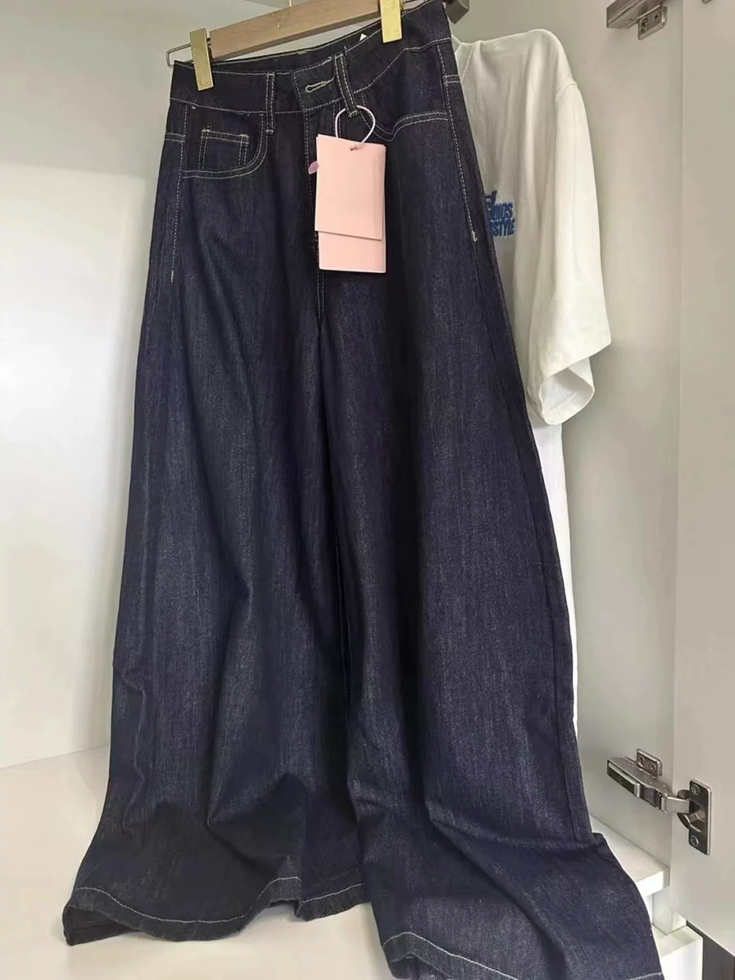 Quần jean ống rộng màu xanh đậm dành cho nữ, size lớn mùa hè, quần dài dáng rộng cạp cao mới mùa thu, dáng suông tôn dáng, dài chấm đất