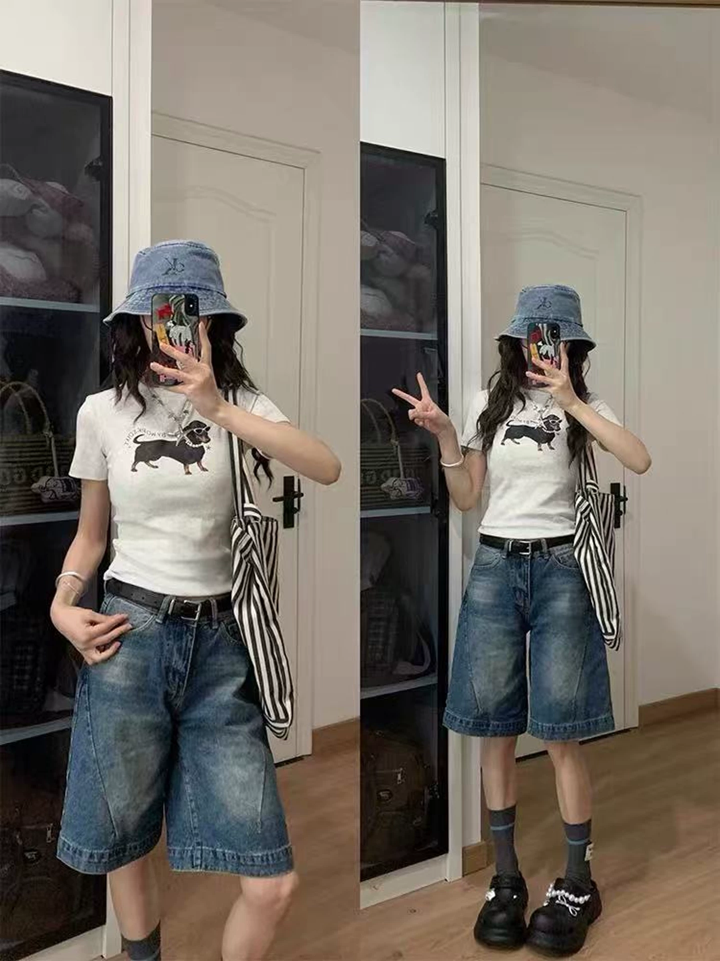 Quần short denim nữ, kiểu dáng mỏng mùa hè, cỡ lớn, lưng cao, dáng rộng, tôn dáng, quần short dài vừa phải ống rộng kiểu cổ điển.