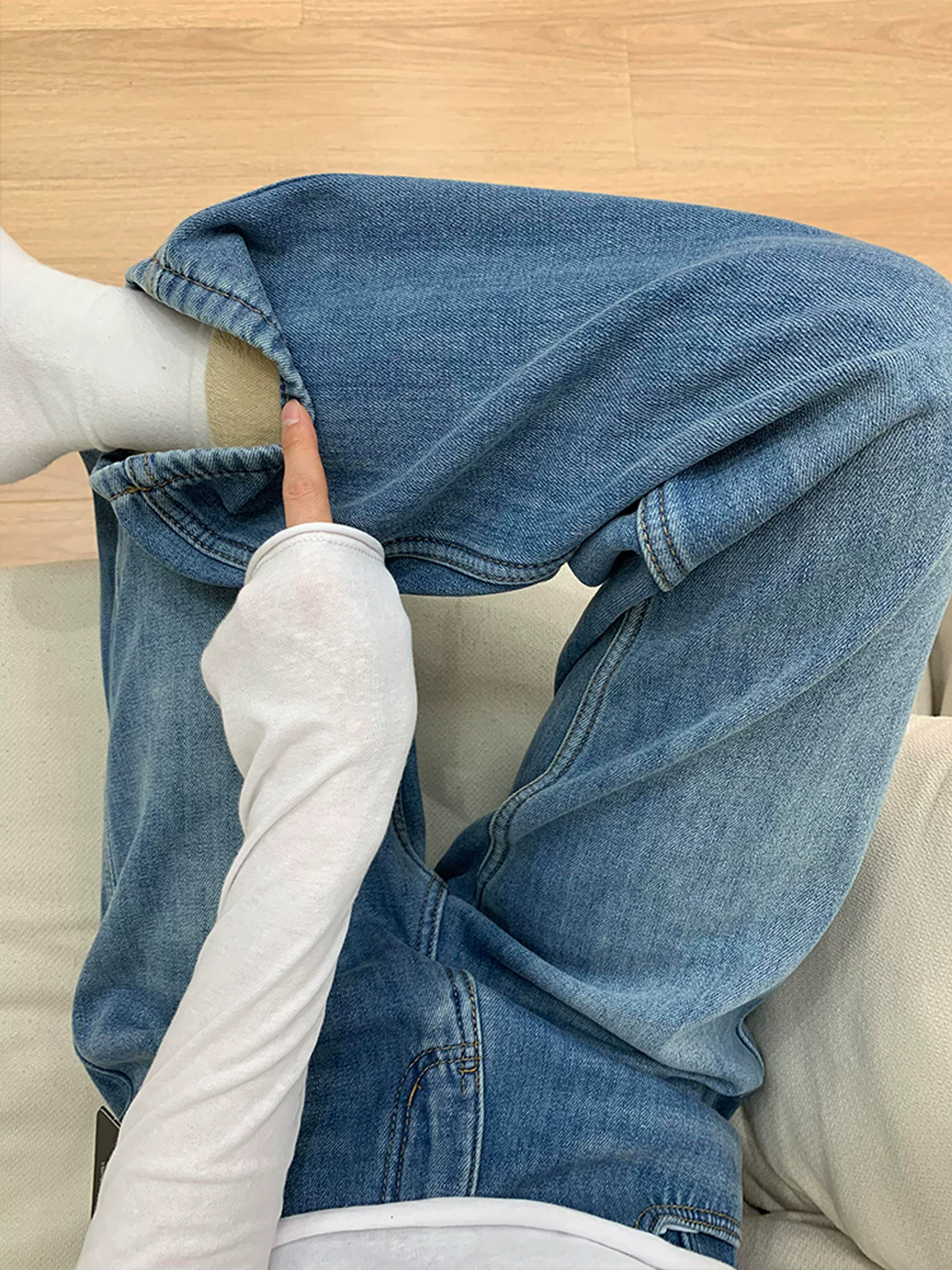 Quần jean ống thẳng lót lông cừu dành cho nữ, mùa thu đông, cỡ lớn, nhỏ nhắn, lưng cao, giảm béo, dáng quả lê, quần ống rộng dày