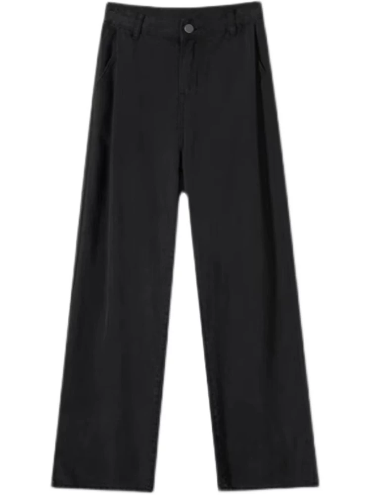 Quần jean ống đứng Tencel màu đen dành cho nữ, kiểu dáng mỏng mùa hè, cỡ lớn, lưng cao, dáng rộng, mềm mại, tôn dáng, quần ống rộng bằng vải lụa đá.