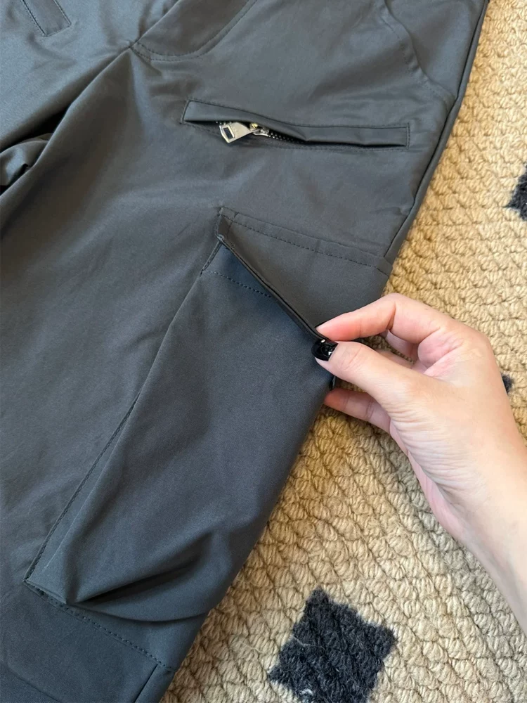 Quần cargo màu xám đậm kiểu Mỹ dành cho nữ, quần ống rộng dáng rộng, cạp cao, kiểu dáng rộng rãi, tôn dáng, mùa hè mới, size lớn