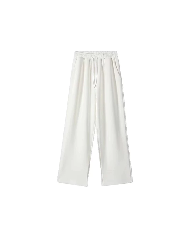 Quần thể thao màu trắng dành cho nữ, kiểu dáng mùa xuân mới, cỡ lớn, lưng cao, dáng rộng, xếp nếp, thon gọn, dáng quả lê, quần ống rộng