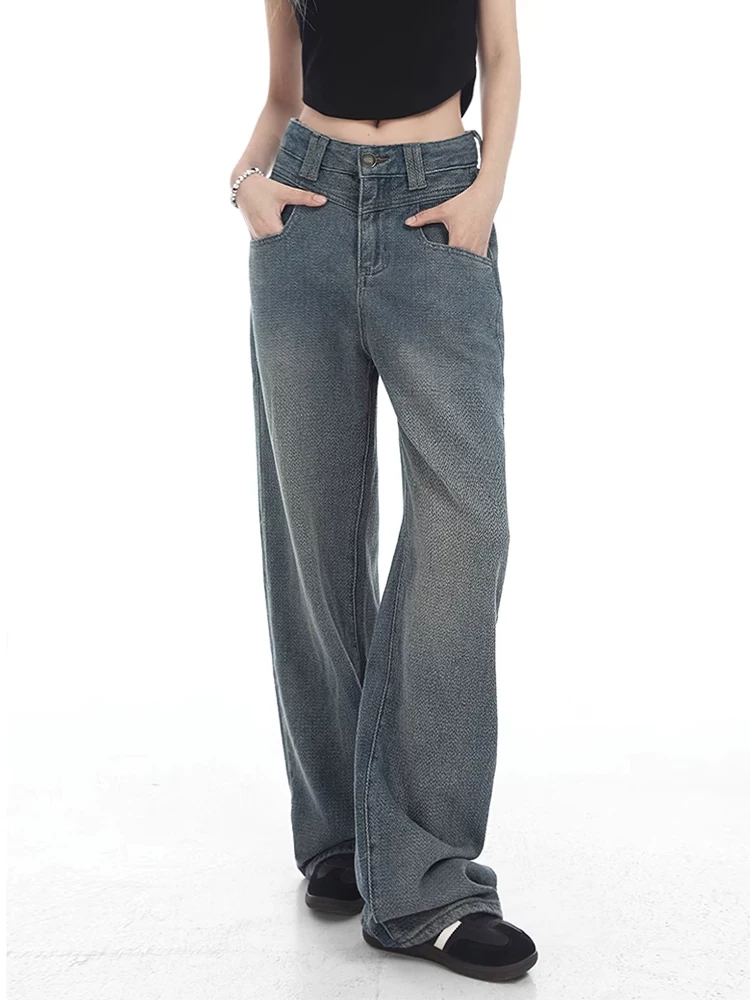 Quần jean ống đứng màu xanh cổ điển dáng quả lê dành cho nữ đầu thu cỡ lớn quần ống rộng lưng cao dáng rộng giảm béo
