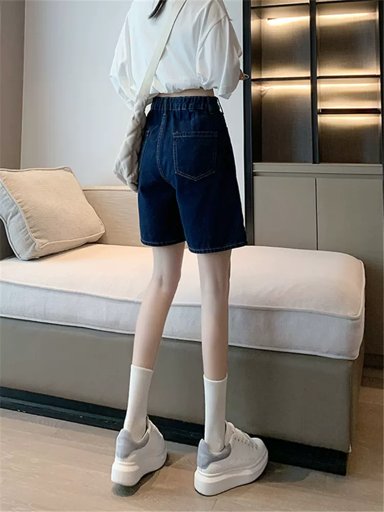 Thân hình quả lê, quần short denim che hông, cỡ lớn mùa hè, lưng cao, thon gọn, rộng rãi, ống rộng, dáng chữ A, quần short dài vừa phải
