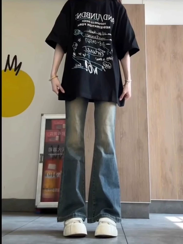 Quần jean ống đứng dáng chữ lê kiểu retro dành cho nữ đầu thu, size lớn, cạp cao, co giãn, tôn dáng, kiểu bootcut