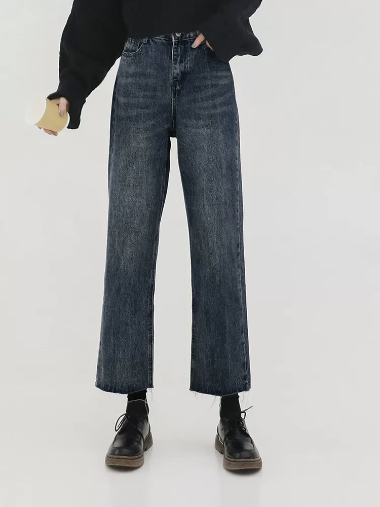 Quần jean ống đứng dáng lê dành cho nữ, đầu thu, cỡ lớn, nhỏ nhắn, lưng cao, dáng rộng, tôn dáng, quần ống lửng