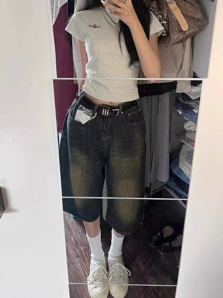 Quần short denim ống đứng cổ điển dành cho nữ, kiểu mới hè 2025, size lớn, cạp cao, rộng rãi, tôn dáng, ống rộng, quần lửng.