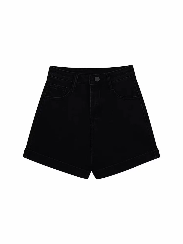 Quần short denim đen dáng quả lê dành cho nữ, size lớn mùa hè, lưng cao, co giãn, che hông, quần bó sát nâng mông chữ A