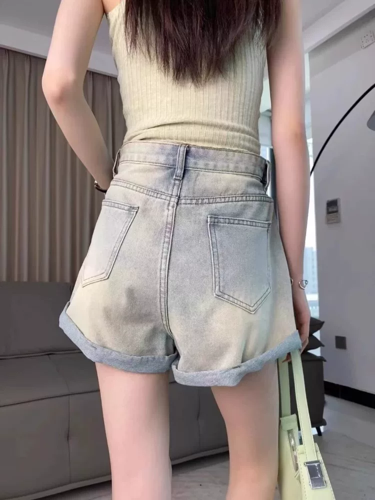 Quần short denim đính đá cho nữ, kiểu dáng mỏng mùa hè, cỡ lớn, lưng cao, che hông, giảm béo, dáng quả lê, quần ống rộng chữ A