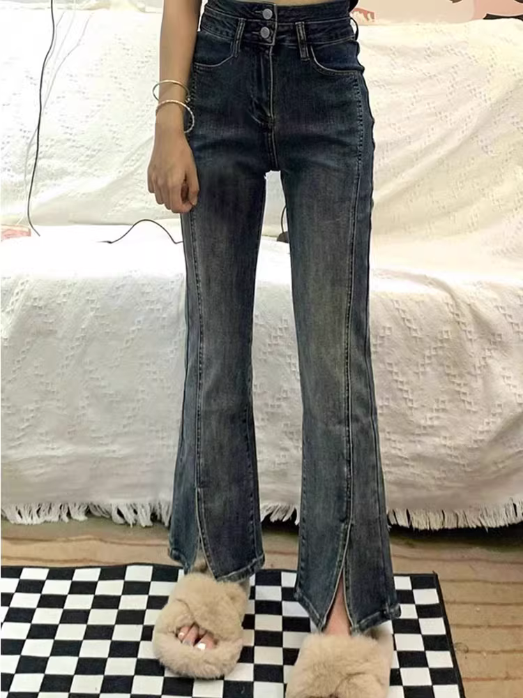 Quần jean dáng chuông dành cho nữ, phong cách đầu thu, cỡ lớn, lưng cao, co giãn, che hông, giảm béo, quần ống loe ngắn