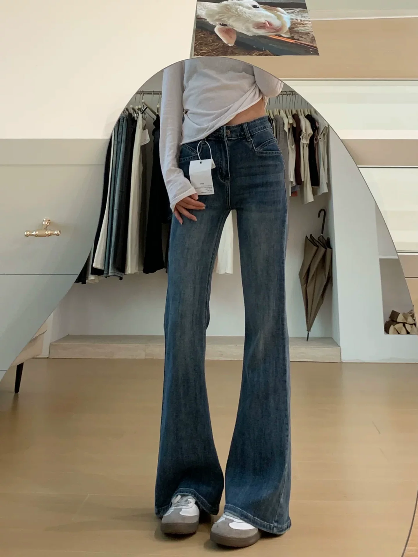 Quần jean xòe màu xanh đậm cạp cao dành cho nữ, mùa thu đông, cỡ lớn, co giãn, che hông, dáng quả lê, quần ống loe