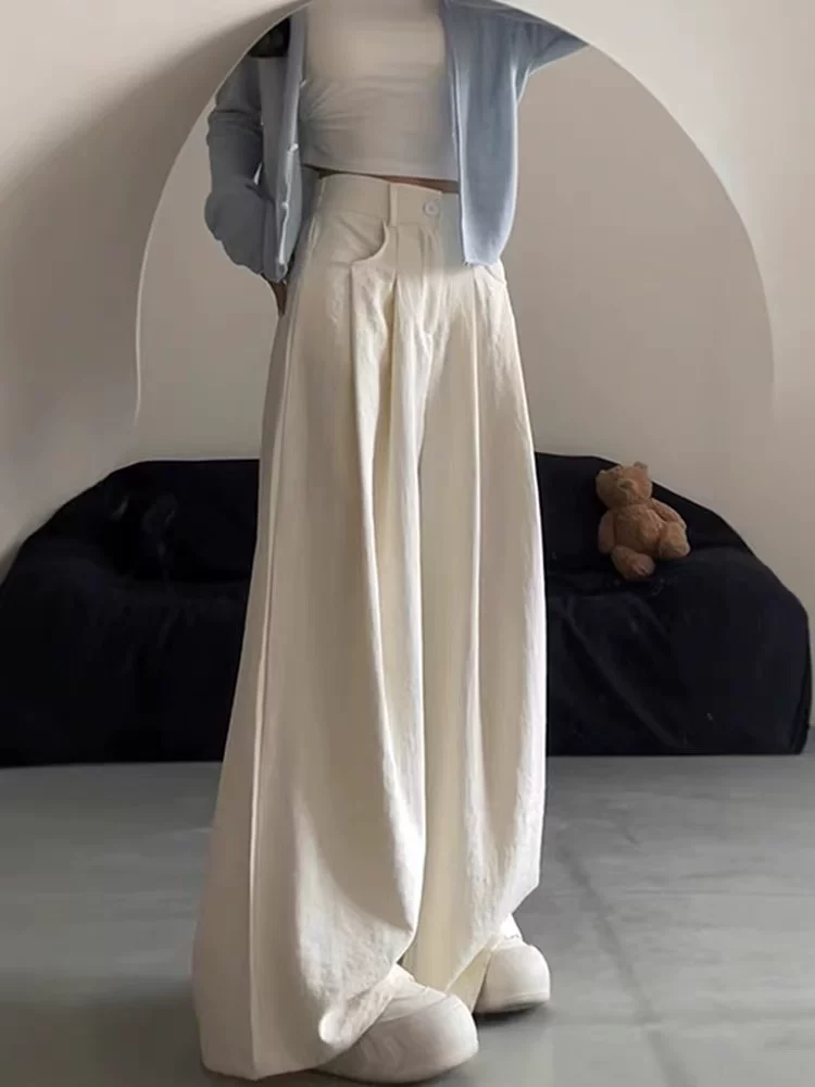 Quần Yamamoto màu trắng dành cho nữ, kiểu dáng mỏng mùa hè, cỡ lớn, lưng cao, dáng suôn, tôn dáng, dáng quả lê, quần dài ống rộng thường ngày.