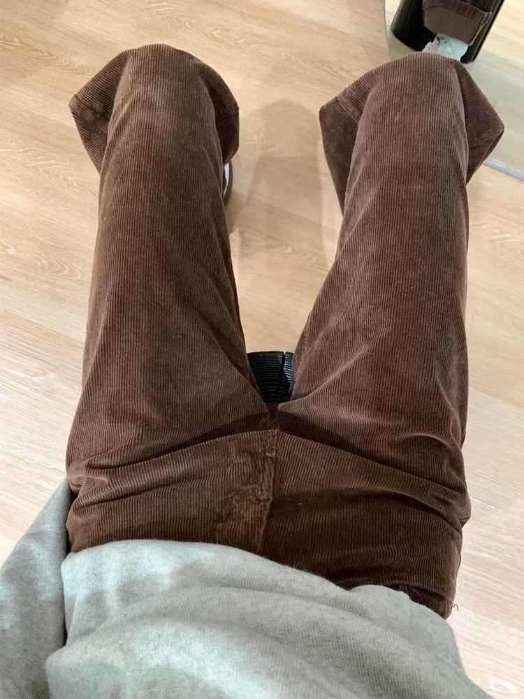 Quần ống rộng vải nhung dày lót lông cừu dành cho nữ, mùa thu đông, cỡ lớn, lưng cao, che hông, giảm béo, quần ống thẳng hẹp.