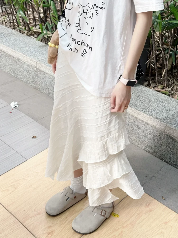 Váy trắng không đều kiểu dáng dành cho nữ, mùa xuân hè, cỡ lớn, lưng cao, che hông, thon gọn, váy đuôi cá chữ A dài vừa phải