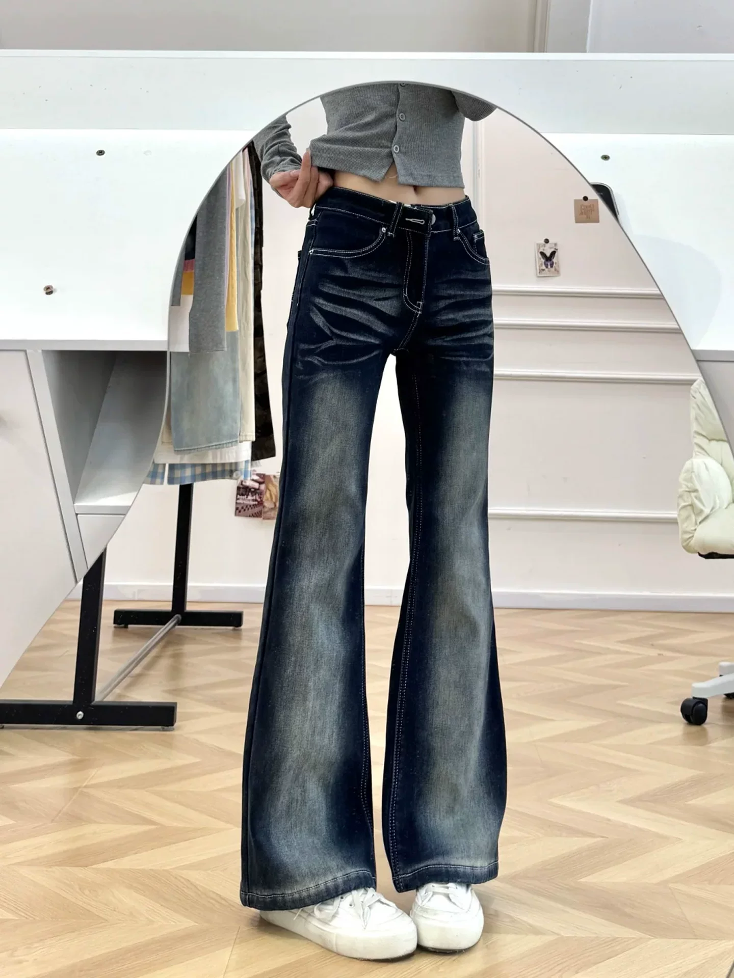 Quần jean ống loe kiểu Mỹ cổ điển dành cho nữ, mùa thu đông, cỡ lớn, lót lông cừu, dày dặn, cạp cao, co giãn, tôn dáng, quần dài chạm sàn