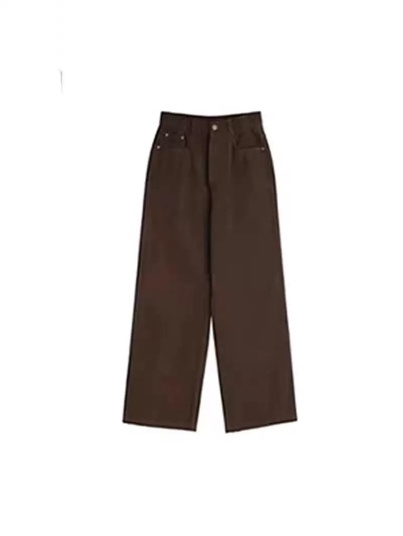 Quần jean ống rộng lót lông cừu màu cà phê dành cho nữ, phong cách thu đông, cỡ lớn, lưng cao, dáng rộng, quần dài thon gọn.