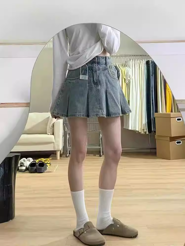 Váy denim nữ, kiểu mới mùa hè, cỡ lớn, lưng cao, che hông, giảm béo, dáng quả lê, váy ngắn xếp ly chữ A