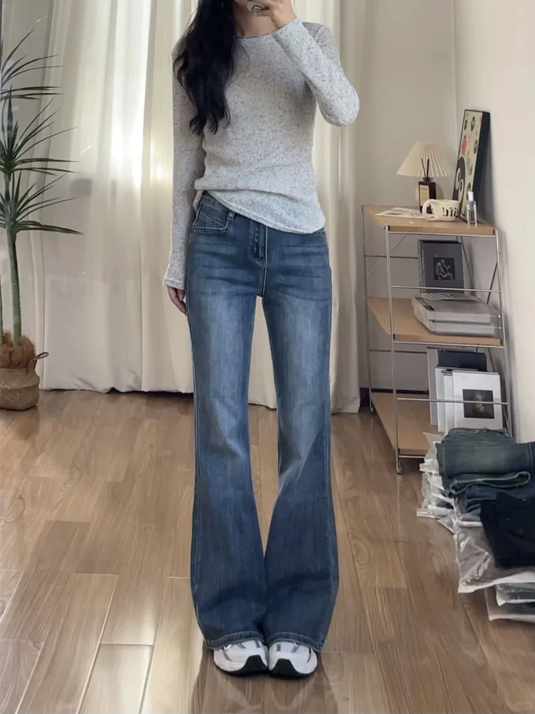 Quần jean dáng chuông dành cho nữ, size lớn mùa xuân, cạp cao, co giãn, che hông, tôn dáng, quần dài ống loe