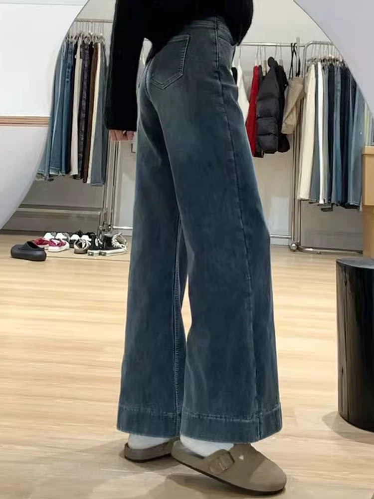 Quần jean xanh vintage dáng loe dành cho nữ, kiểu dáng mùa thu mới, cỡ lớn, lưng cao, dáng rộng, tôn dáng, quần ống loe thẳng.