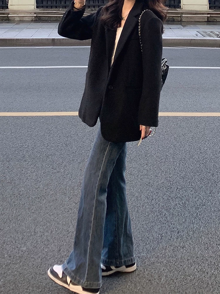 Quần jean dáng rộng màu xanh xám hình quả lê dành cho nữ đầu thu, cạp cao, dáng rộng, tôn dáng, size lớn