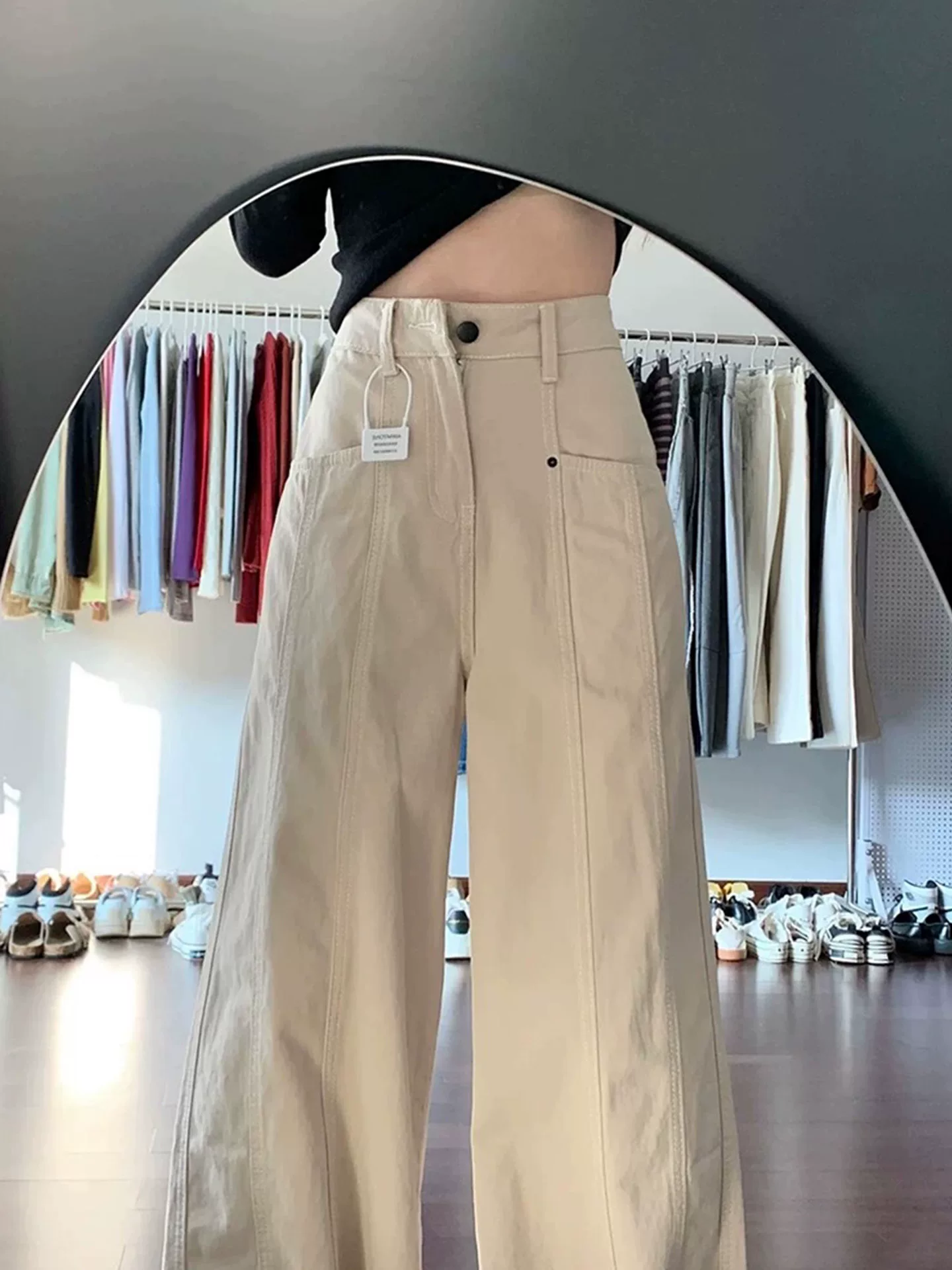 Quần jean ống đứng màu mơ dành cho nữ, phong cách đầu thu, cỡ lớn, lưng cao, dáng rộng, che hông, dáng quả lê, quần ống rộng