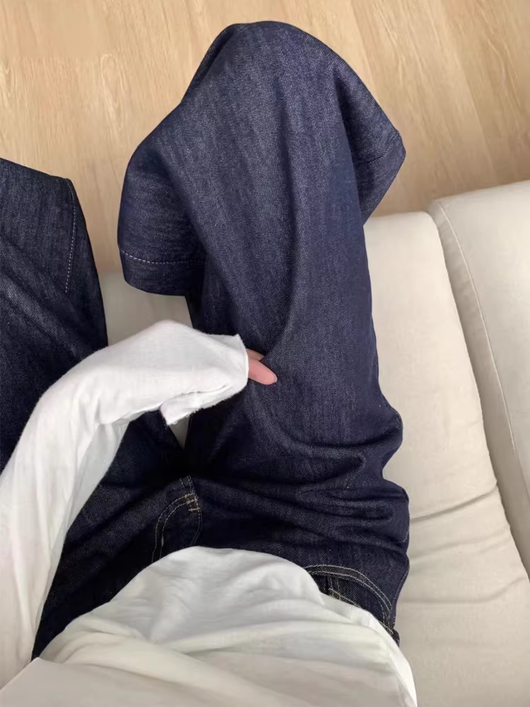 Quần jean ống đứng màu xanh đậm dành cho nữ, kiểu dáng mùa xuân mới, cỡ lớn, lưng cao, rộng rãi, che hông, thon gọn, ống rộng, quần dài chạm sàn.