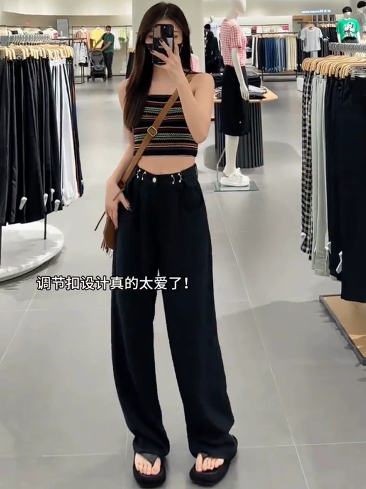 Quần jean Tencel đen dành cho nữ, kiểu dáng mỏng mùa hè, cỡ lớn, lưng cao, dáng rộng, mềm mại, tôn dáng, dáng quả lê, quần ống rộng