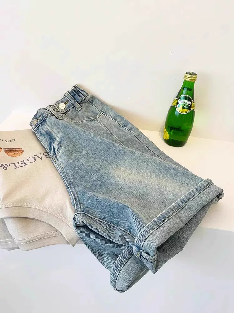 Quần short denim năm điểm dáng quả lê dành cho nữ, cỡ lớn mùa hè, lưng cao, dáng rộng, che hông, quần ống rộng giảm béo, quần dài vừa phải.