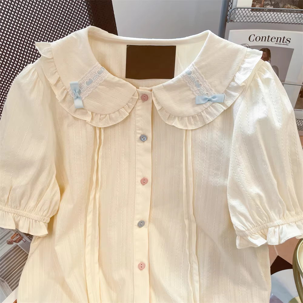 Áo sơ mi ngắn tay cổ búp bê phong cách retro hàn quốc dành cho nữ, thiết kế mùa hè, độc đáo, áo nửa tay độc đáo và sang trọng