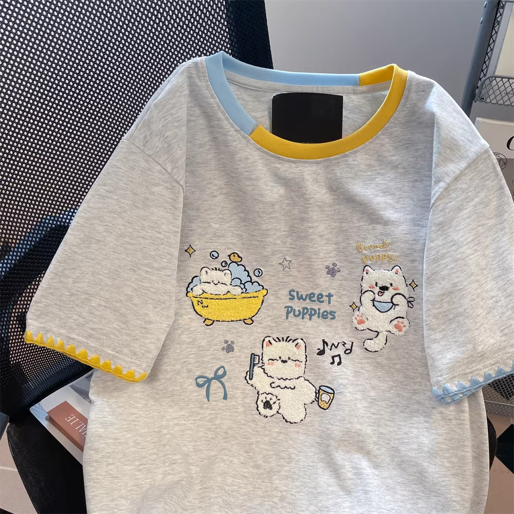 Áo thun thêu nhung hình chú chó con dễ thương phong cách Hàn Quốc dành cho nữ, phong cách đại học Mỹ mùa hè, áo thun ngắn tay hợp thời trang và giảm tuổi tác