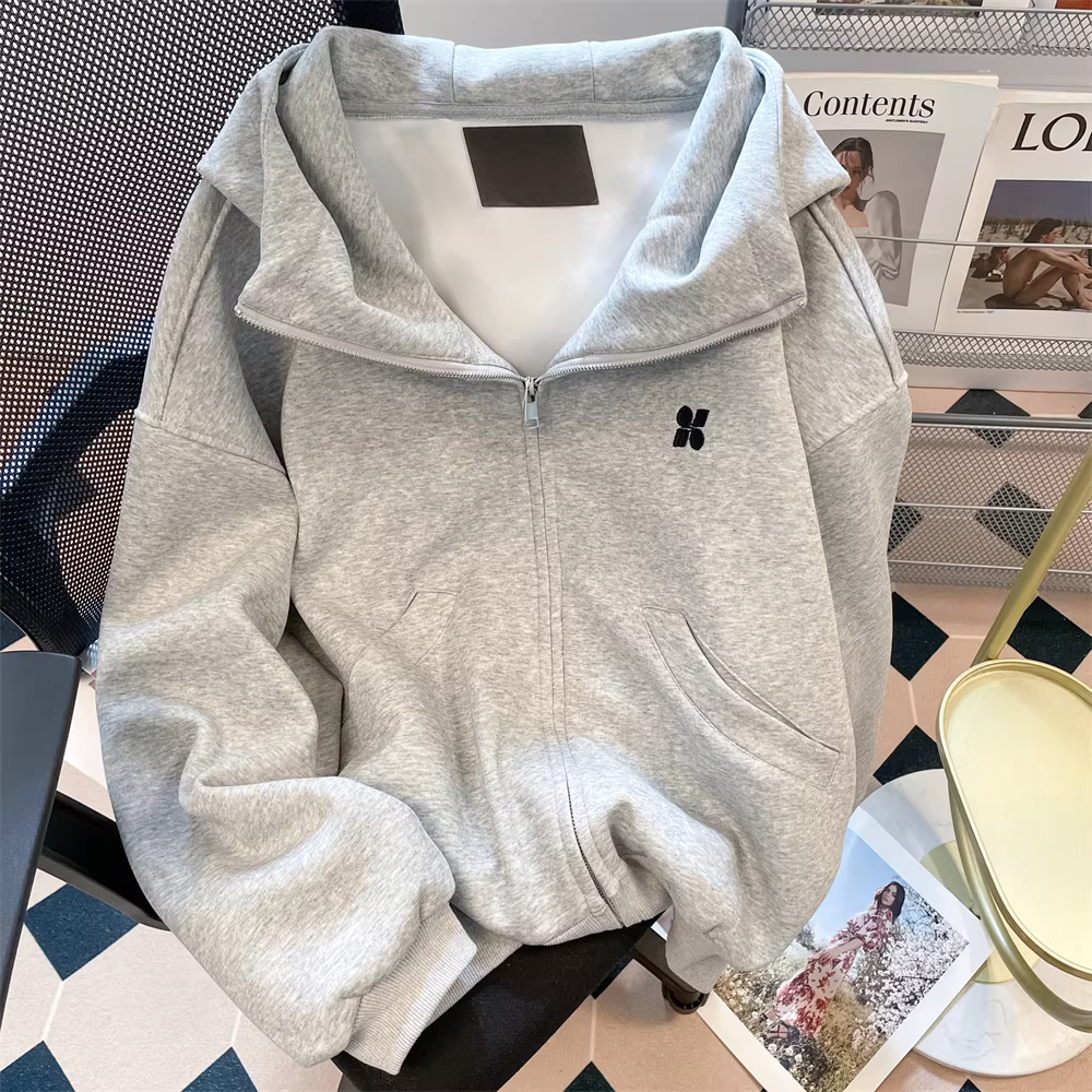 Áo khoác cardigan có mũ trùm đầu cổ cao kiểu Hàn Quốc dành cho nữ, kiểu dáng mỏng đầu thu, áo khoác thường ngày thêu dày dành cho cặp đôi.