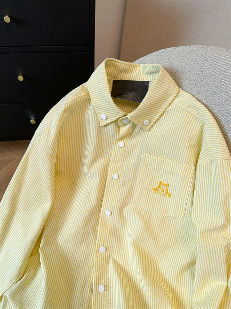 Áo khoác thêu hình chú chó con sọc màu vàng kem dành cho nữ, thiết kế mùa thu, áo dài tay giản dị phong cách đại học dễ thương
