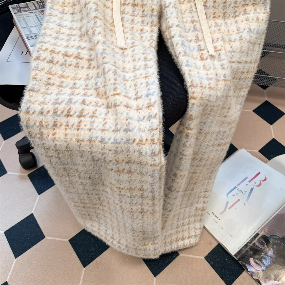 Quần dài ống rộng chất liệu tweed kẻ ô vuông dày dặn lông chồn dành cho phụ nữ nhỏ nhắn mùa thu đông