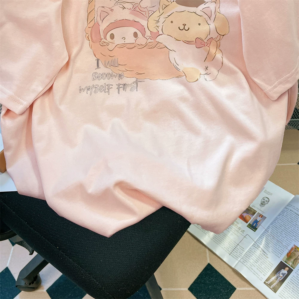 Áo thun ngắn tay màu hồng dễ thương bằng cotton nguyên chất dành cho nữ trong mùa hè, kiểu dáng cổ điển rộng rãi, áo nửa tay trẻ trung và hợp thời trang.