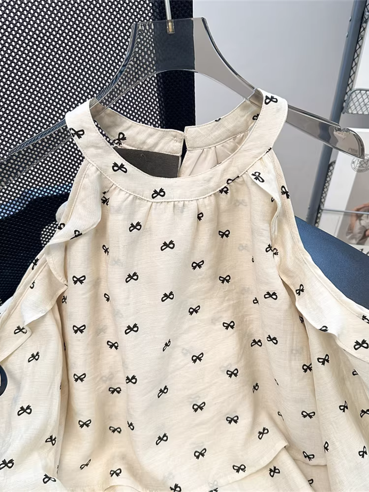 Áo sơ mi ngắn cổ yếm lệch vai kiểu Pháp dành cho nữ, thiết kế ngọt ngào đầu thu, áo dài tay thanh lịch