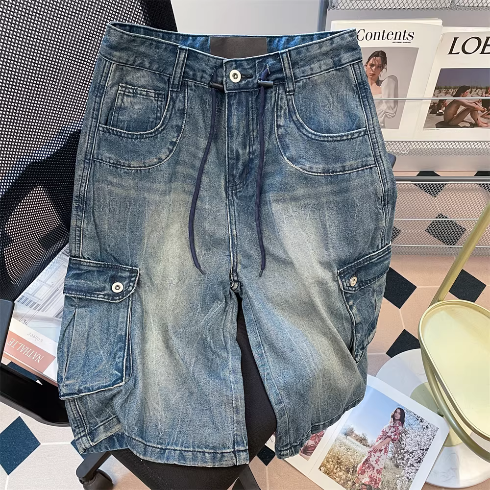 Quần short dài đến đầu gối nhiều túi kiểu retro của Mỹ dành cho nữ, quần ống rộng denim dáng rộng phong cách cổ điển mùa hè
