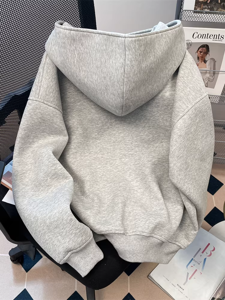 Áo hoodie có mũ trùm đầu kiểu retro kiểu Mỹ dành cho nữ trong mùa thu đông, áo khoác cardigan nhung lười biếng và thoải mái dành cho các cặp đôi