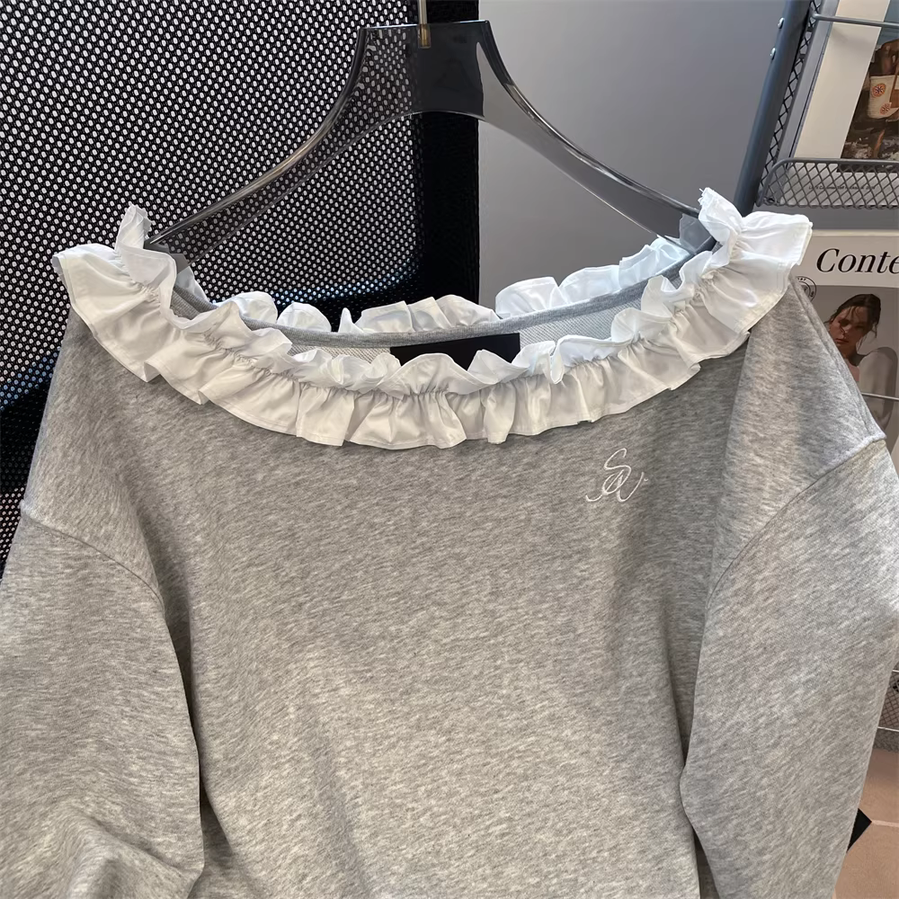 Áo len dài tay cổ trễ vai cổ điển kiểu Mỹ dành cho nữ, mùa xuân thu, thiết kế lười biếng, phong cách độc đáo, ôm eo, áo thon gọn.