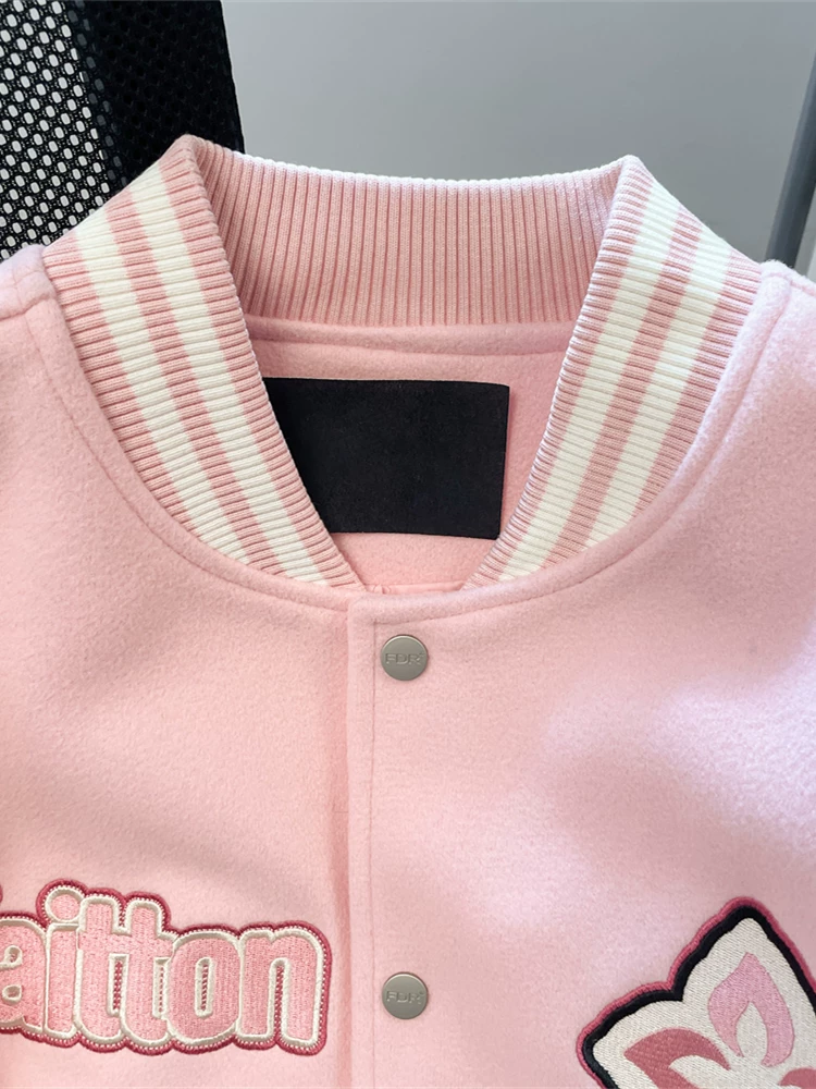 Áo khoác thêu nặng kiểu đại học Mỹ dành cho nữ, áo khoác bóng chày cao cấp mùa thu đông có phong cách độc đáo