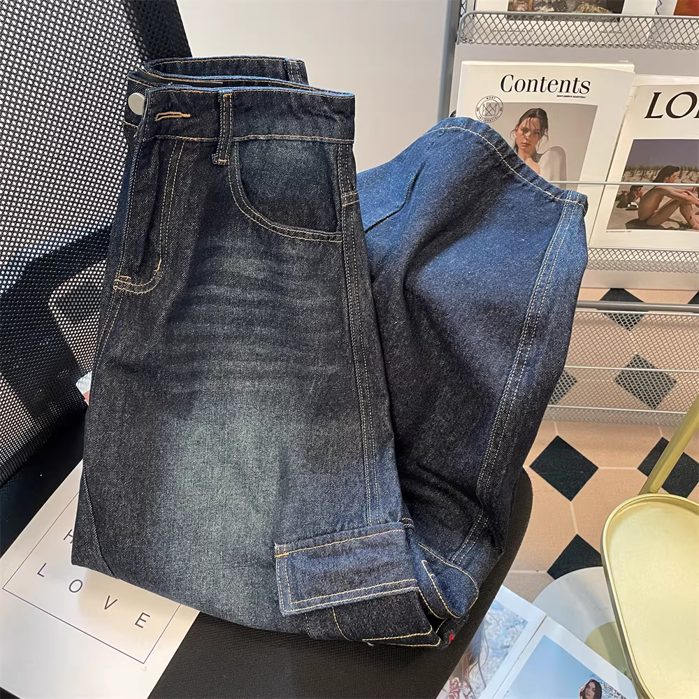 Quần ống rộng nhiều túi, cạp cao, kiểu dáng retro mùa hè, chất liệu jean, phong cách workwear, dành cho nữ, kiểu dáng Mỹ.