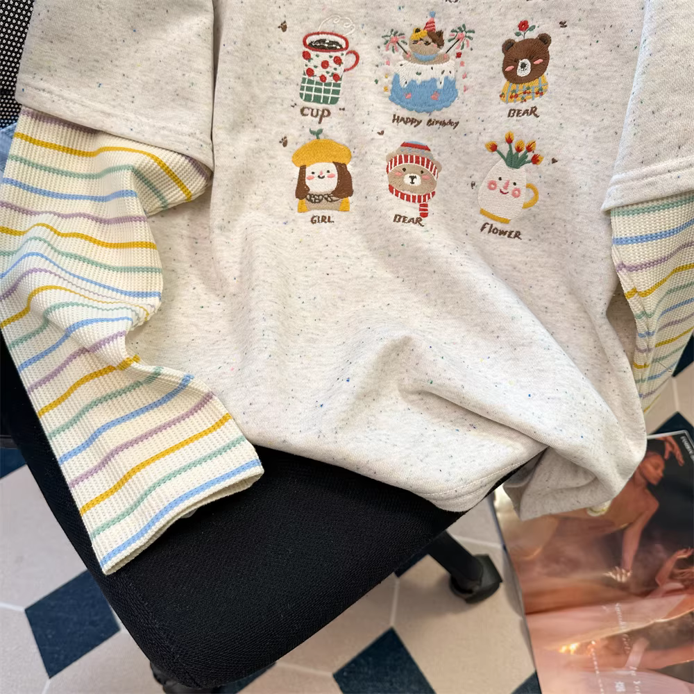 Áo len thêu hoạt hình ngọt ngào phong cách Hàn Quốc dành cho nữ, áo thun dài tay dệt kim sọc giả hai mảnh mùa thu